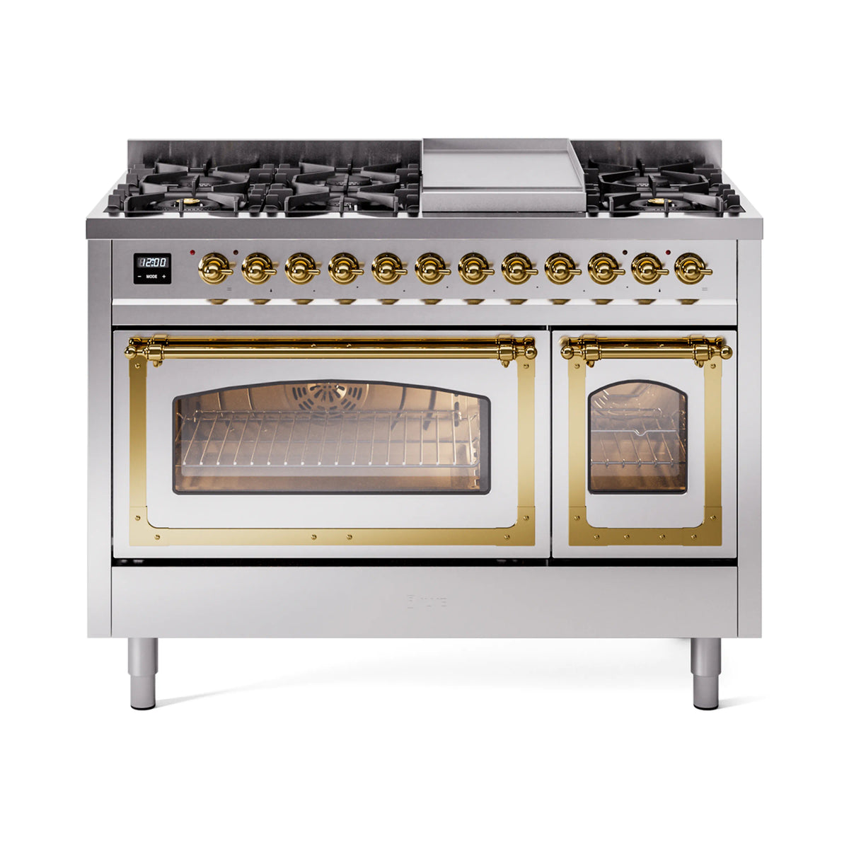 ILVE Nostalgie II Noblesse 48-Inch Dual Fuel Freestanding Range in Stainless Steel with Brass Trim (UN48FNMPSSGLP)