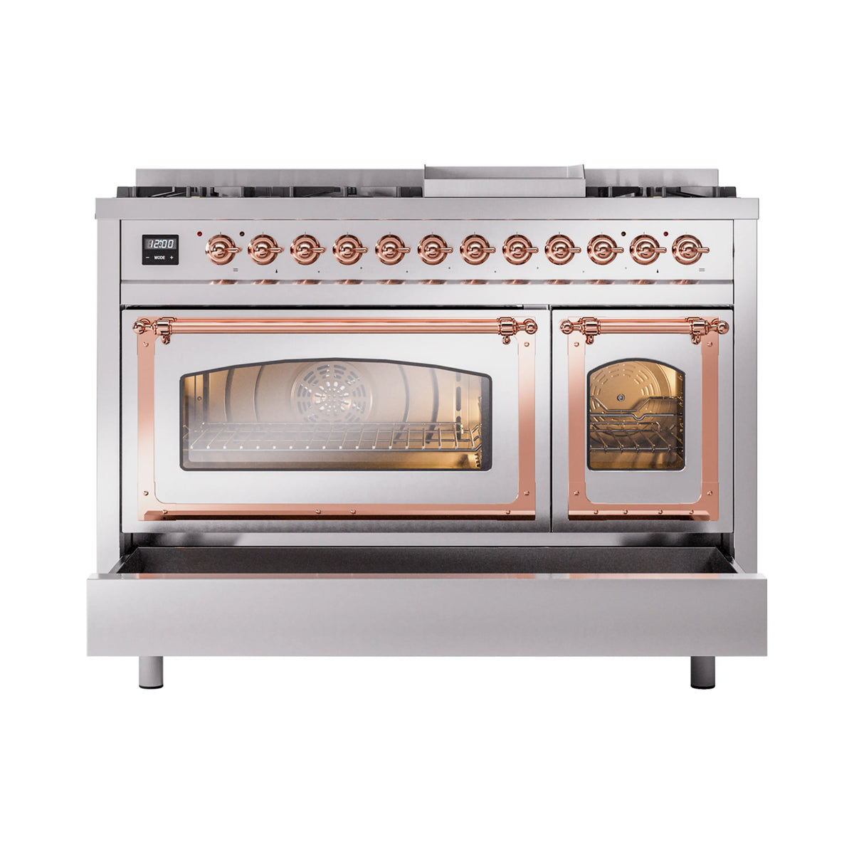 ILVE Nostalgie II Noblesse 48-Inch Dual Fuel Freestanding Range in Stainless Steel with Copper Trim (UN48FNMPSSPLP)