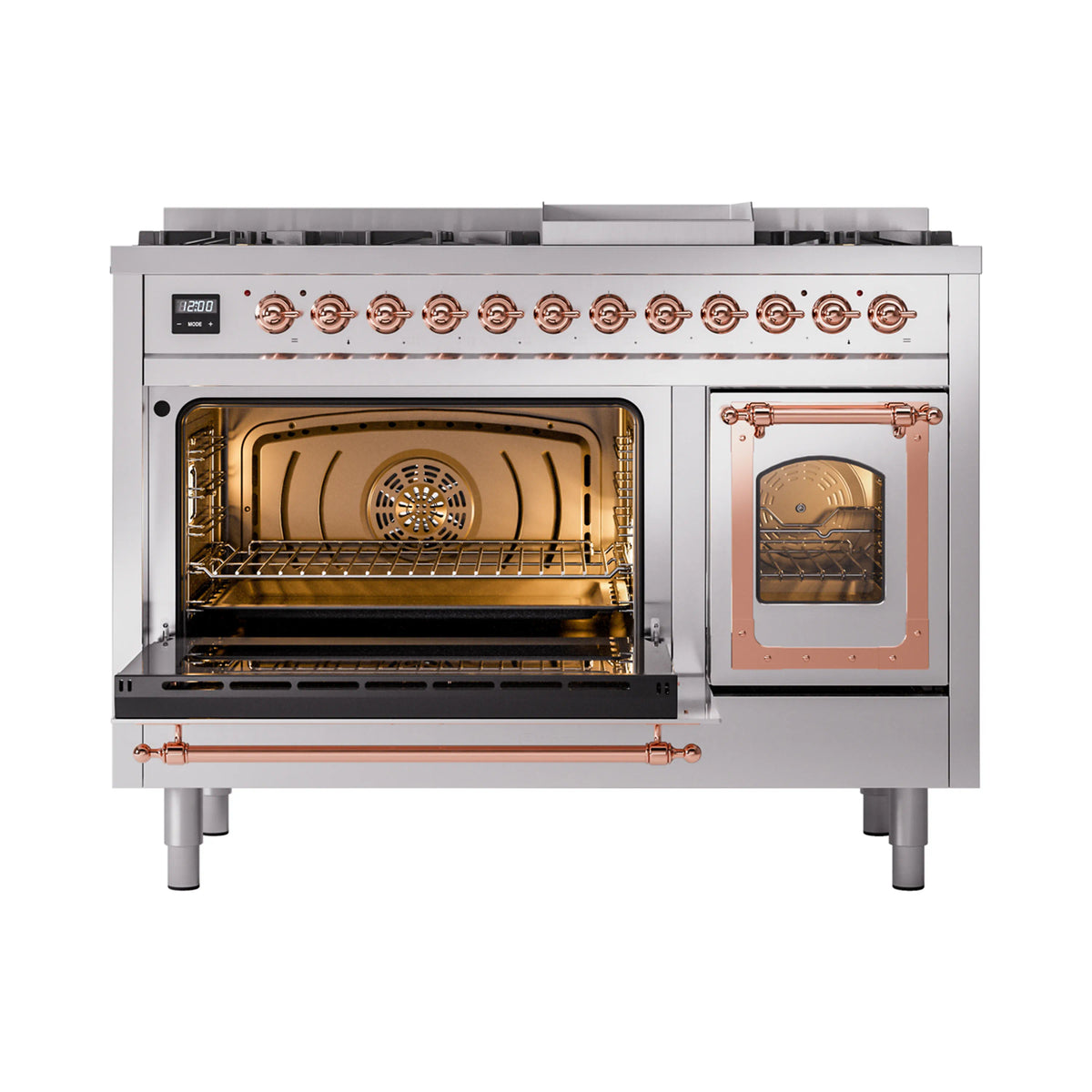 ILVE Nostalgie II Noblesse 48-Inch Freestanding Natural Gas Dual Fuel Range in Stainless Steel with Copper Trim (UN48FNMPSSP)