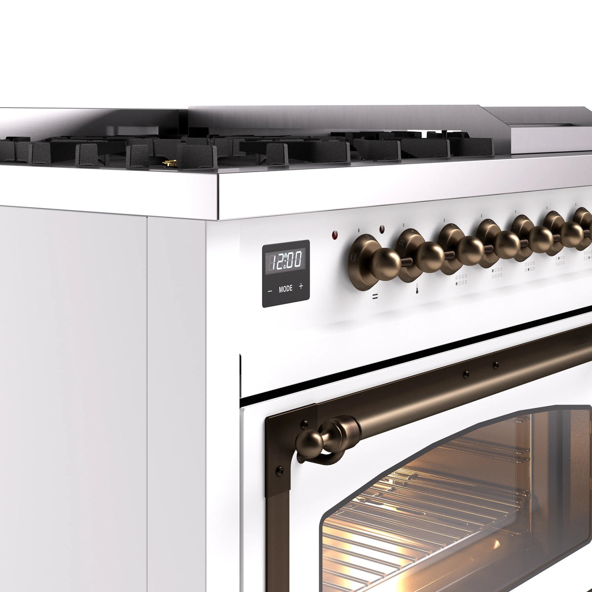 ILVE Nostalgie II Noblesse 48-Inch Dual Fuel Freestanding Range in White with Burnished Bronze Trim (UN48FNMPWHBLP)