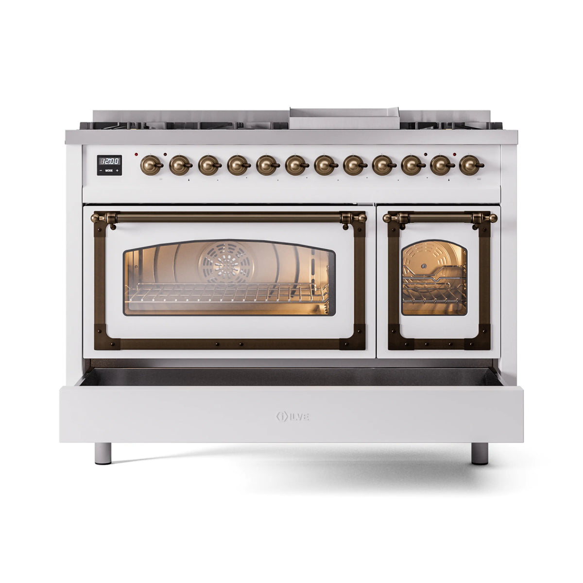 ILVE Nostalgie II Noblesse 48-Inch Dual Fuel Freestanding Range in White with Burnished Bronze Trim (UN48FNMPWHBLP)