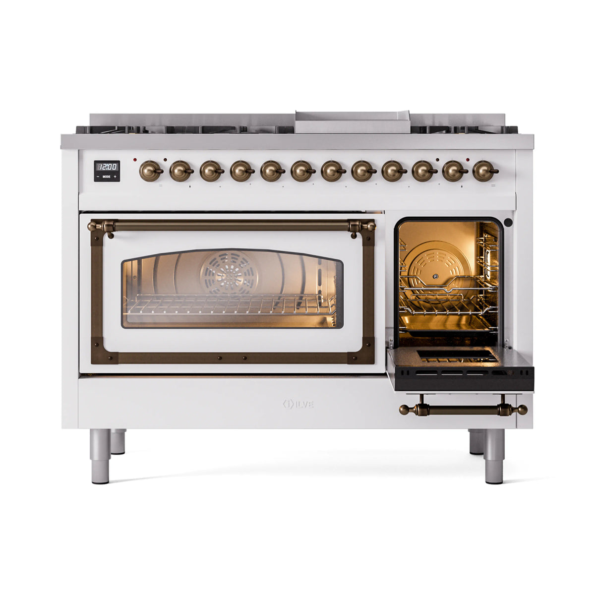 ILVE Nostalgie II Noblesse 48-Inch Dual Fuel Freestanding Range in White with Burnished Bronze Trim (UN48FNMPWHBLP)