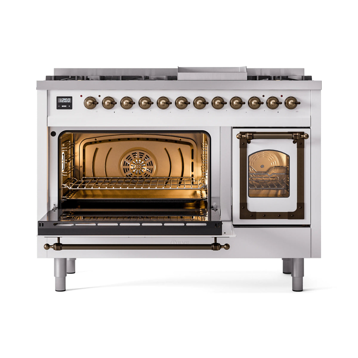 ILVE Nostalgie II Noblesse 48-Inch Dual Fuel Freestanding Range in White with Burnished Bronze Trim (UN48FNMPWHBLP)