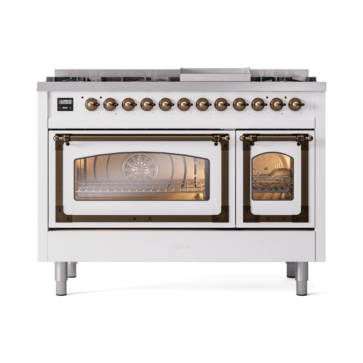 ILVE Nostalgie II Noblesse 48-Inch Dual Fuel Freestanding Range in White with Burnished Bronze Trim (UN48FNMPWHBLP)