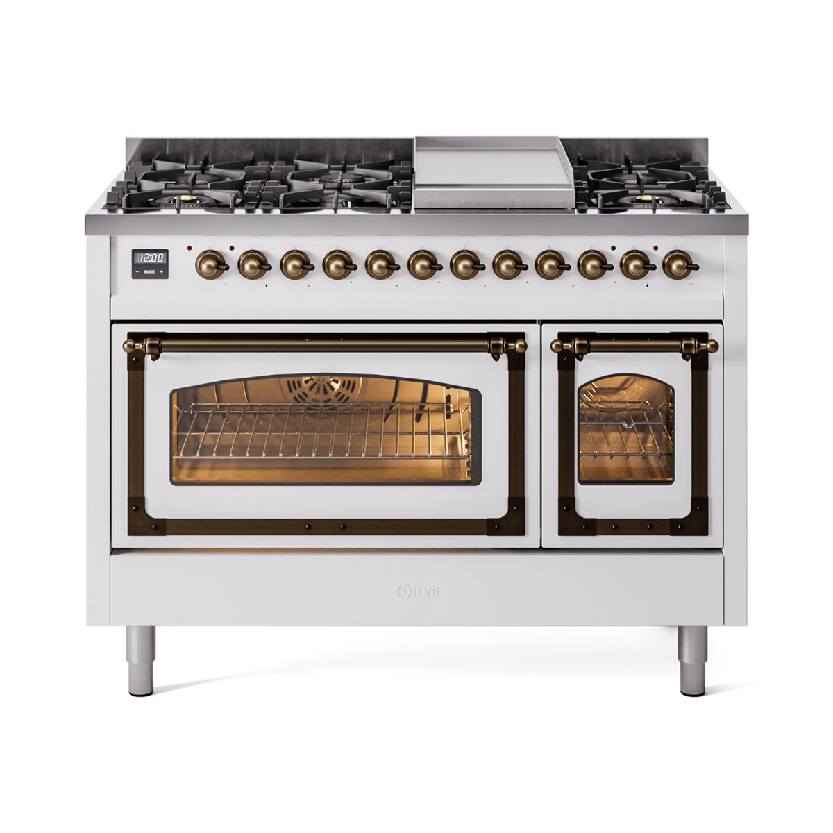 ILVE Nostalgie II Noblesse 48-Inch Dual Fuel Freestanding Range in White with Burnished Bronze Trim (UN48FNMPWHBLP)