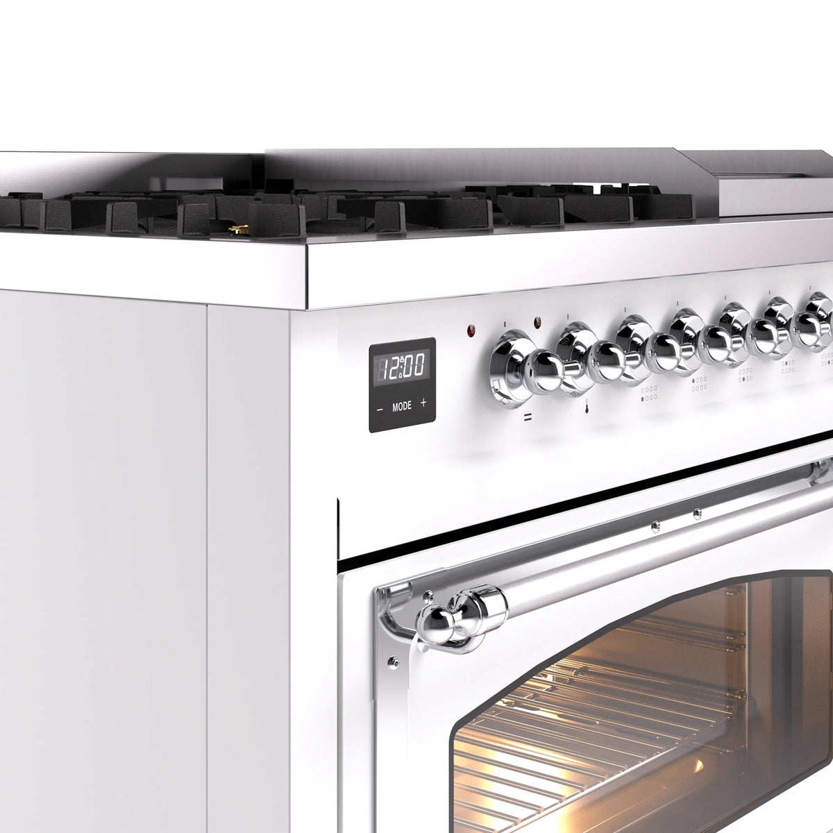 ILVE Nostalgie II Noblesse 48-Inch Dual Fuel Freestanding Range in White with Chrome Trim (UN48FNMPWHCLP)