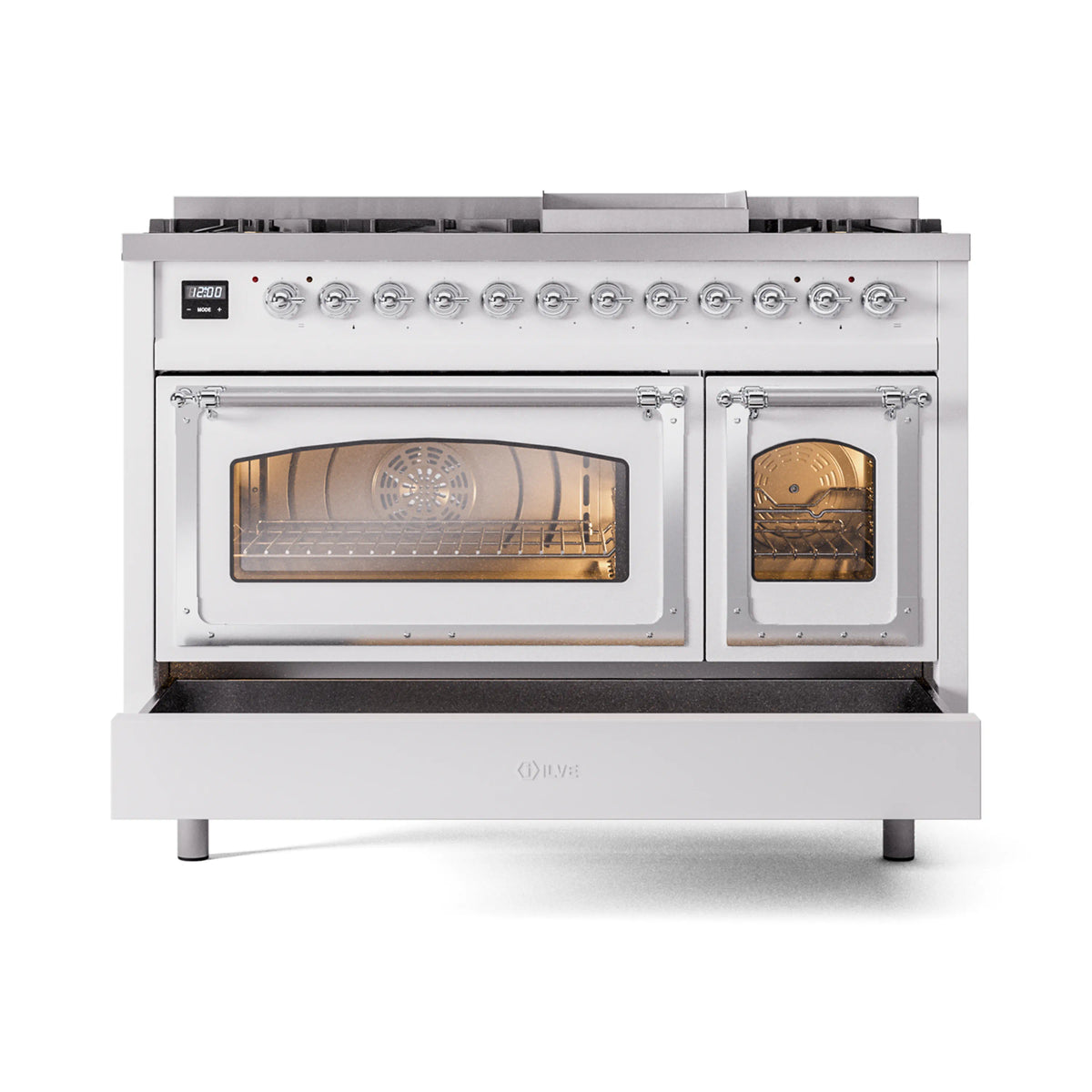 ILVE Nostalgie II Noblesse 48-Inch Dual Fuel Freestanding Range in White with Chrome Trim (UN48FNMPWHCLP)
