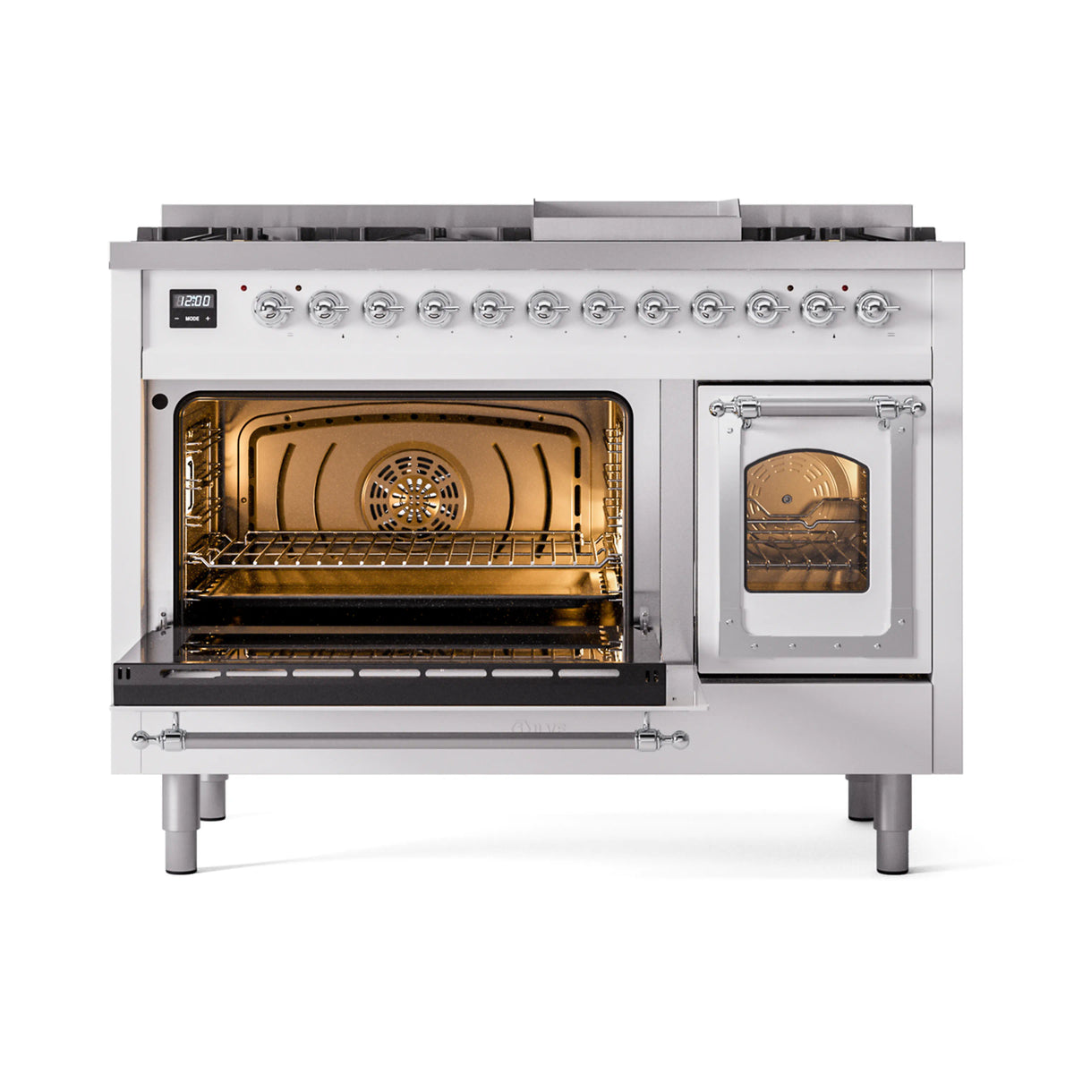 ILVE Nostalgie II Noblesse 48-Inch Dual Fuel Freestanding Range in White with Chrome Trim (UN48FNMPWHCLP)