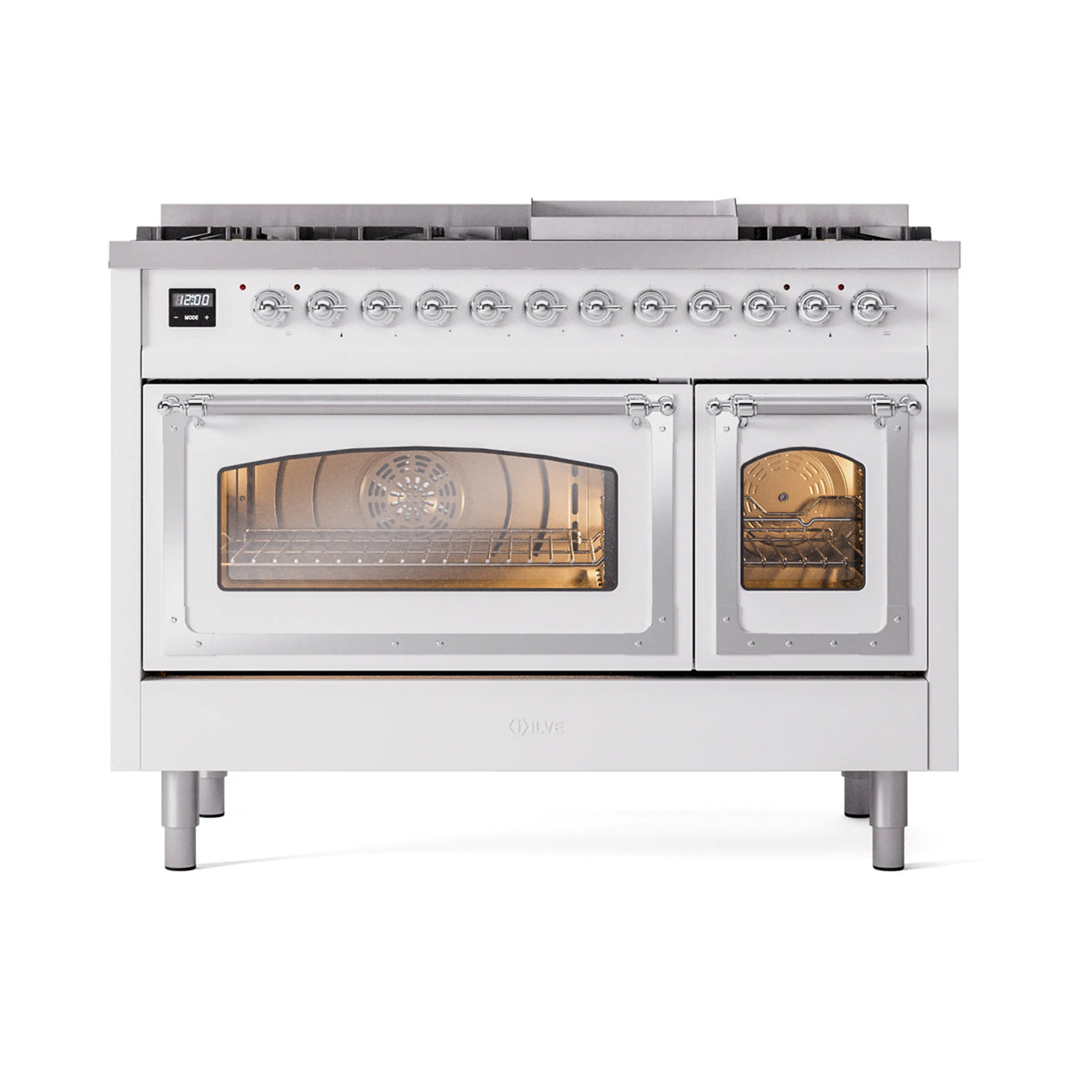 ILVE Nostalgie II Noblesse 48-Inch Dual Fuel Freestanding Range in White with Chrome Trim (UN48FNMPWHCLP)
