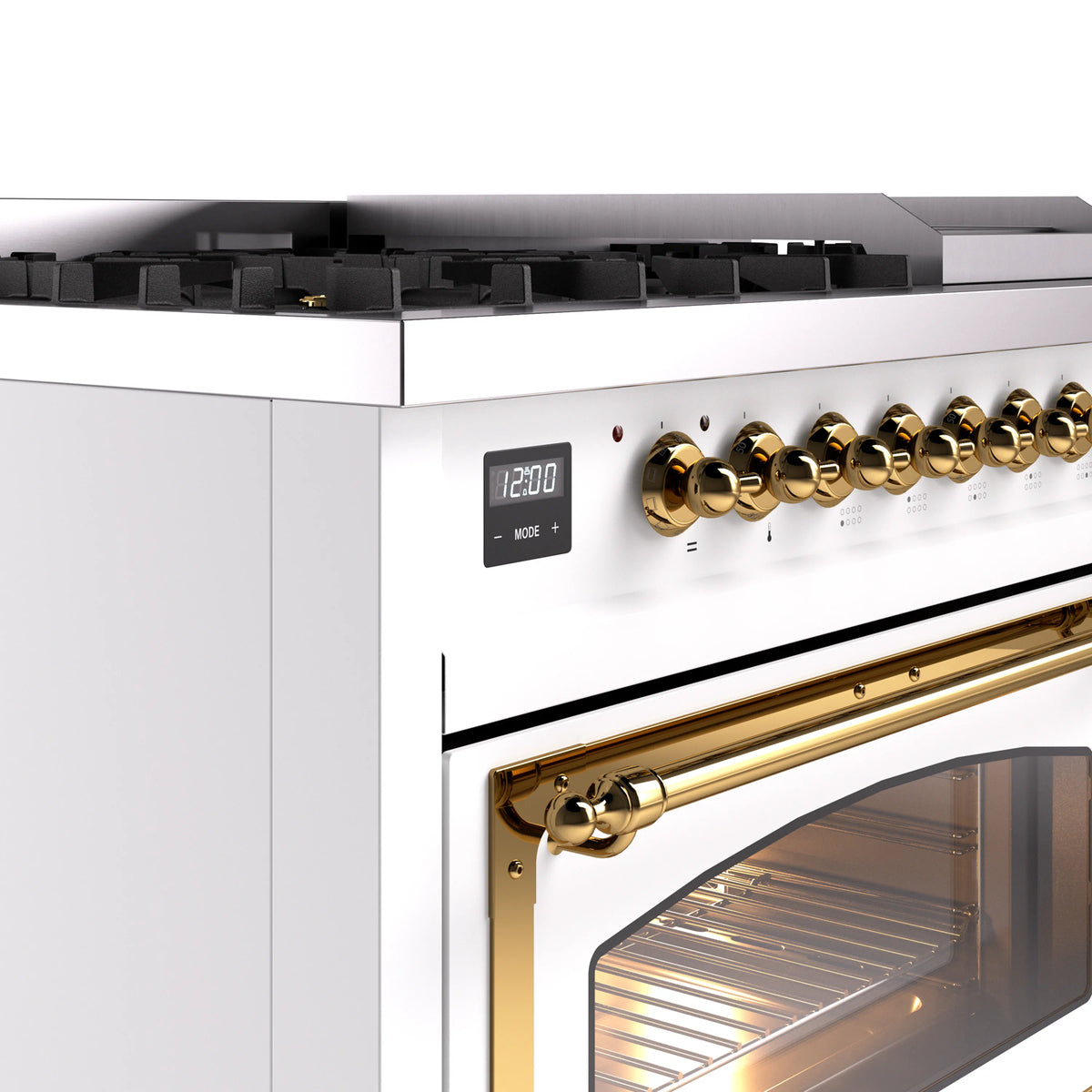 ILVE Nostalgie II Noblesse 48-Inch Dual Fuel Freestanding Range in White with Brass Trim (UN48FNMPWHGLP)