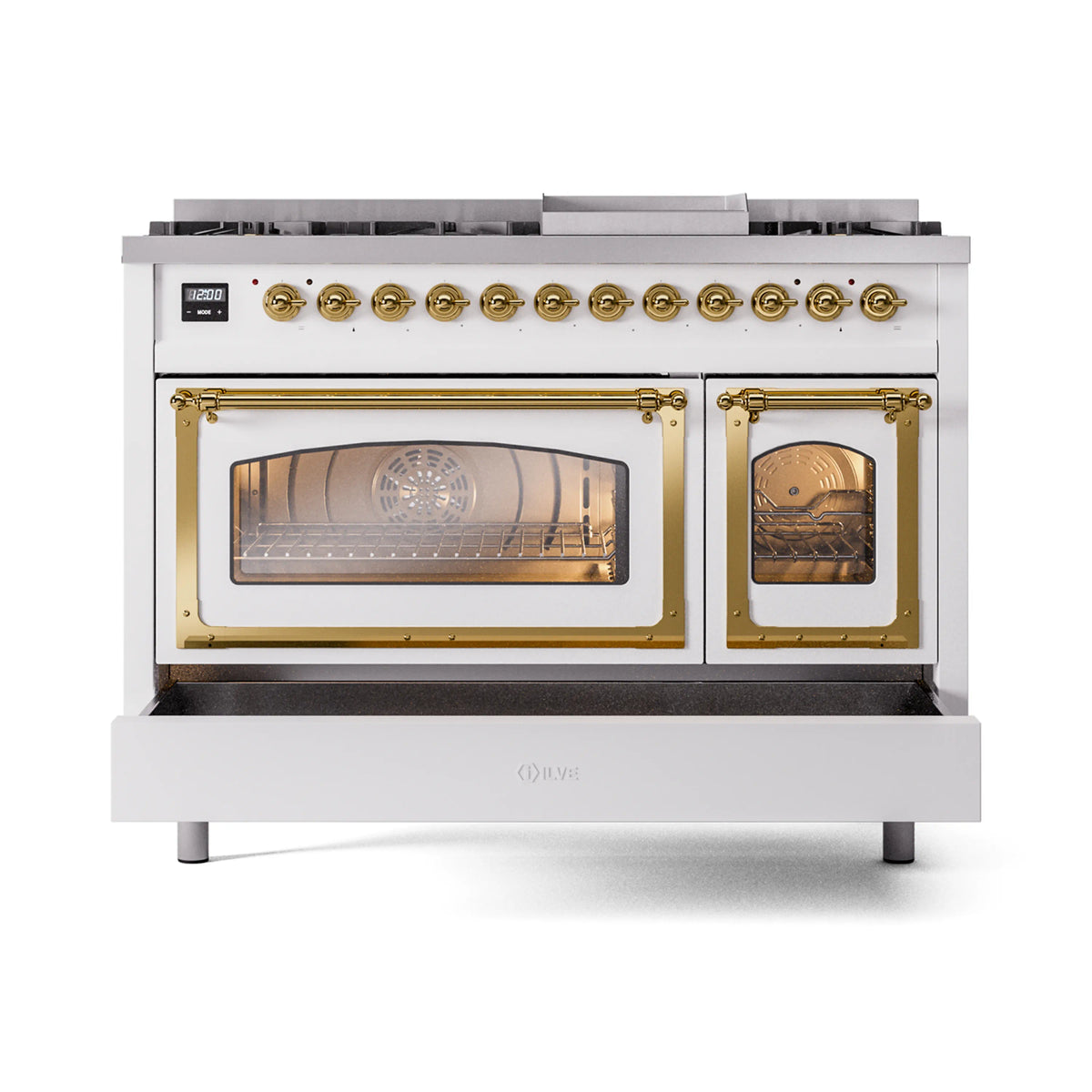 ILVE Nostalgie II Noblesse 48-Inch Dual Fuel Freestanding Range in White with Brass Trim (UN48FNMPWHGLP)
