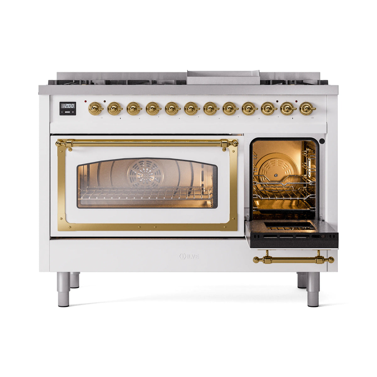 ILVE Nostalgie II Noblesse 48-Inch Dual Fuel Freestanding Range in White with Brass Trim (UN48FNMPWHGLP)