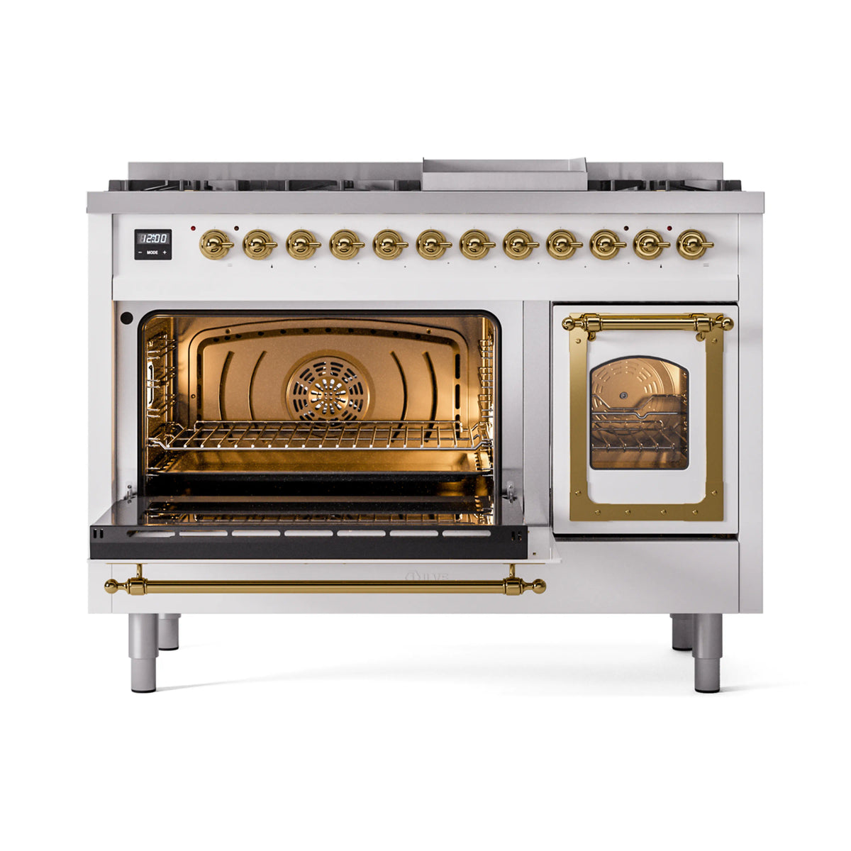 ILVE Nostalgie II Noblesse 48-Inch Dual Fuel Freestanding Range in White with Brass Trim (UN48FNMPWHGLP)