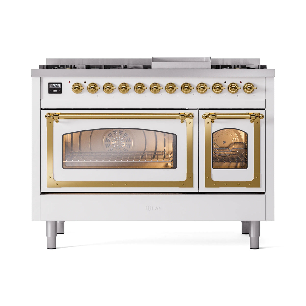 ILVE Nostalgie II Noblesse 48-Inch Dual Fuel Freestanding Range in White with Brass Trim (UN48FNMPWHGLP)