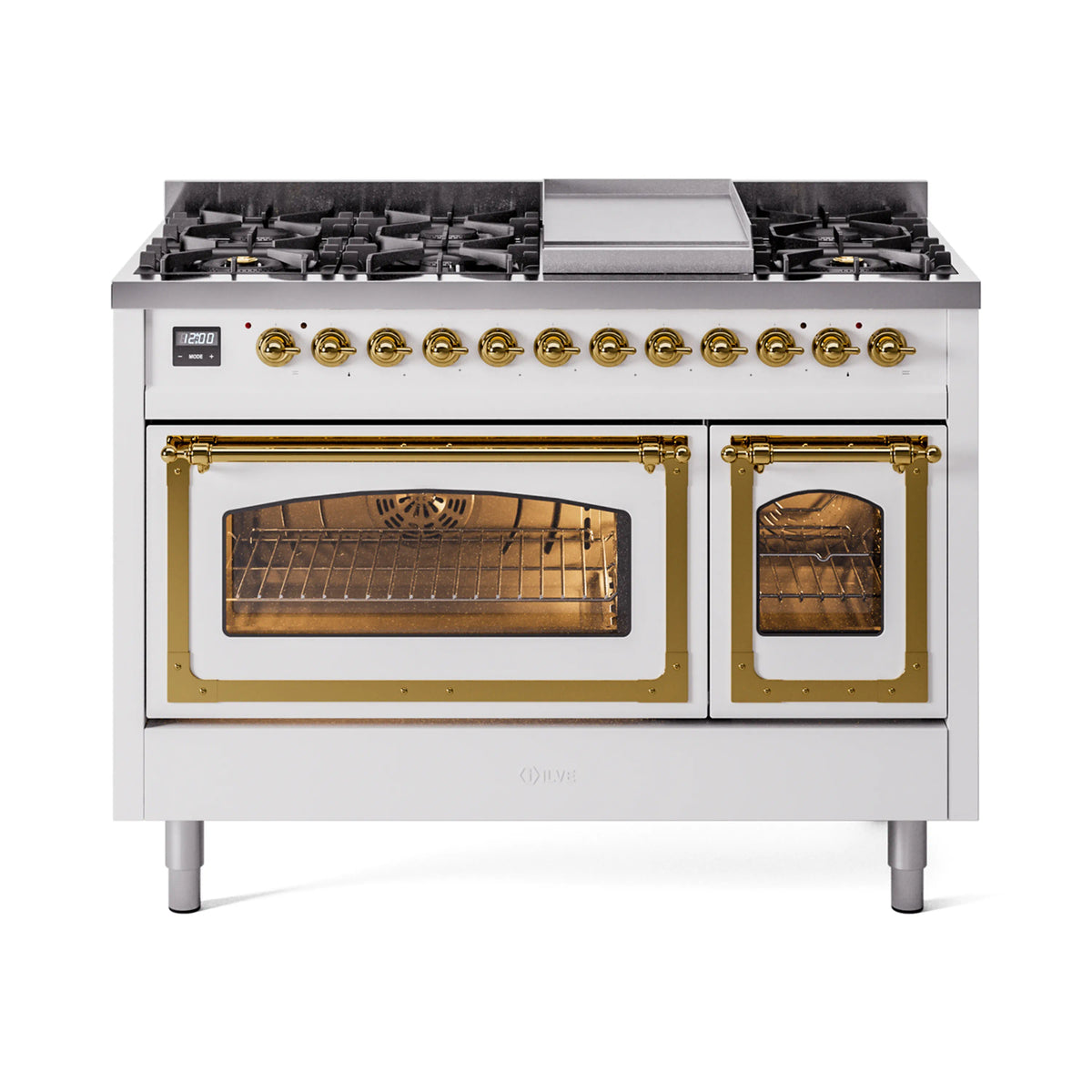 ILVE Nostalgie II Noblesse 48-Inch Dual Fuel Freestanding Range in White with Brass Trim (UN48FNMPWHGLP)