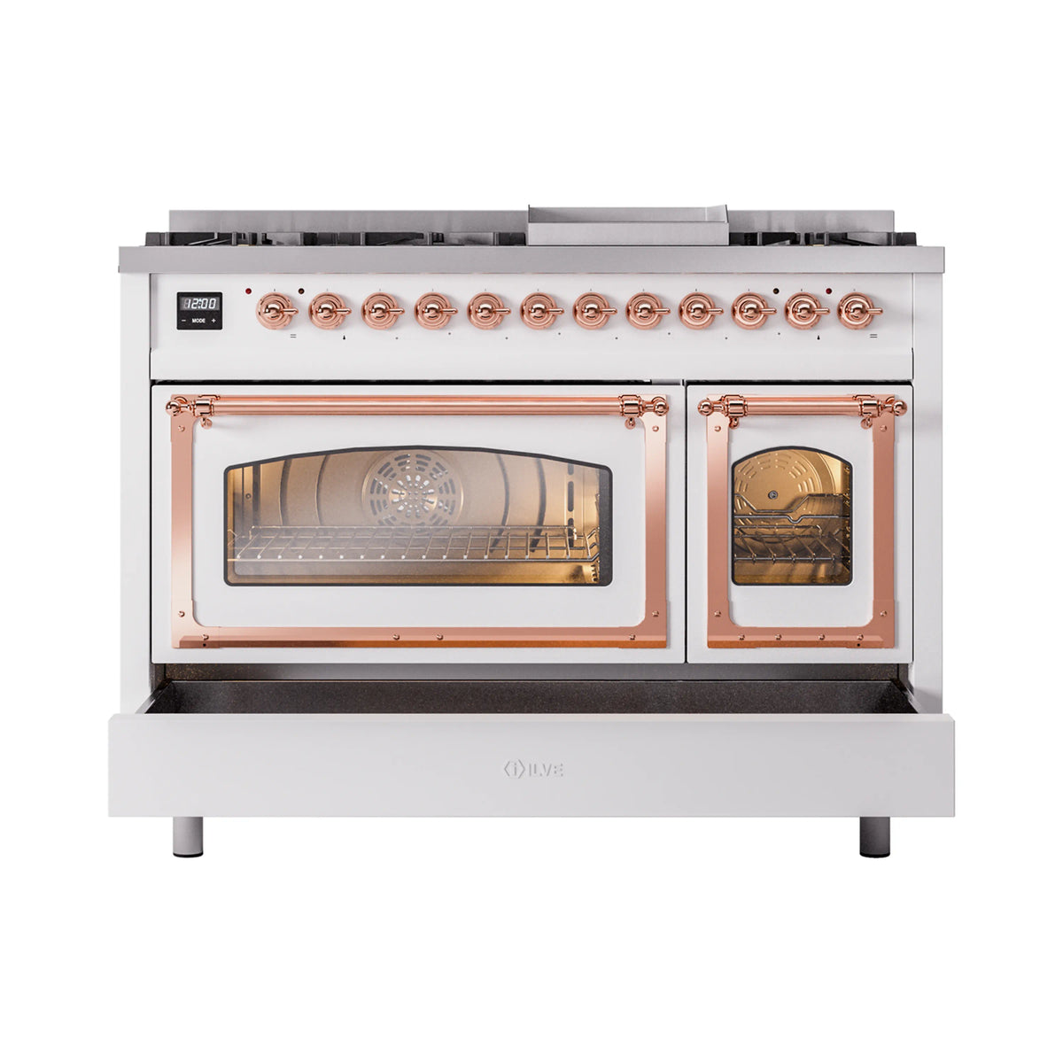 ILVE Nostalgie II Noblesse 48-Inch Dual Fuel Freestanding Range in White with Copper Trim (UN48FNMPWHPLP)