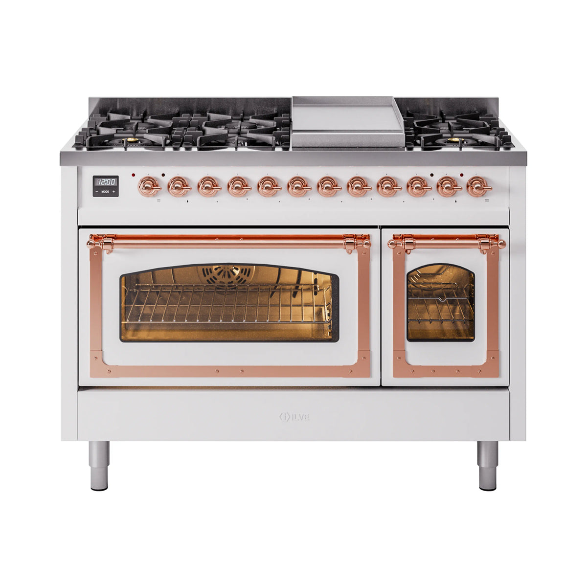 ILVE Nostalgie II Noblesse 48-Inch Dual Fuel Freestanding Range in White with Copper Trim (UN48FNMPWHPLP)