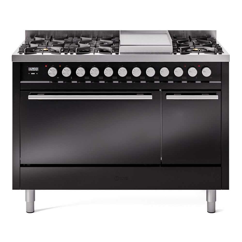 ILVE Professional Plus II 48-Inch Propane Dual Fuel Range, 8 Burners, Griddle, Solid Door, Glossy Black (UP48FQMPBKLP)