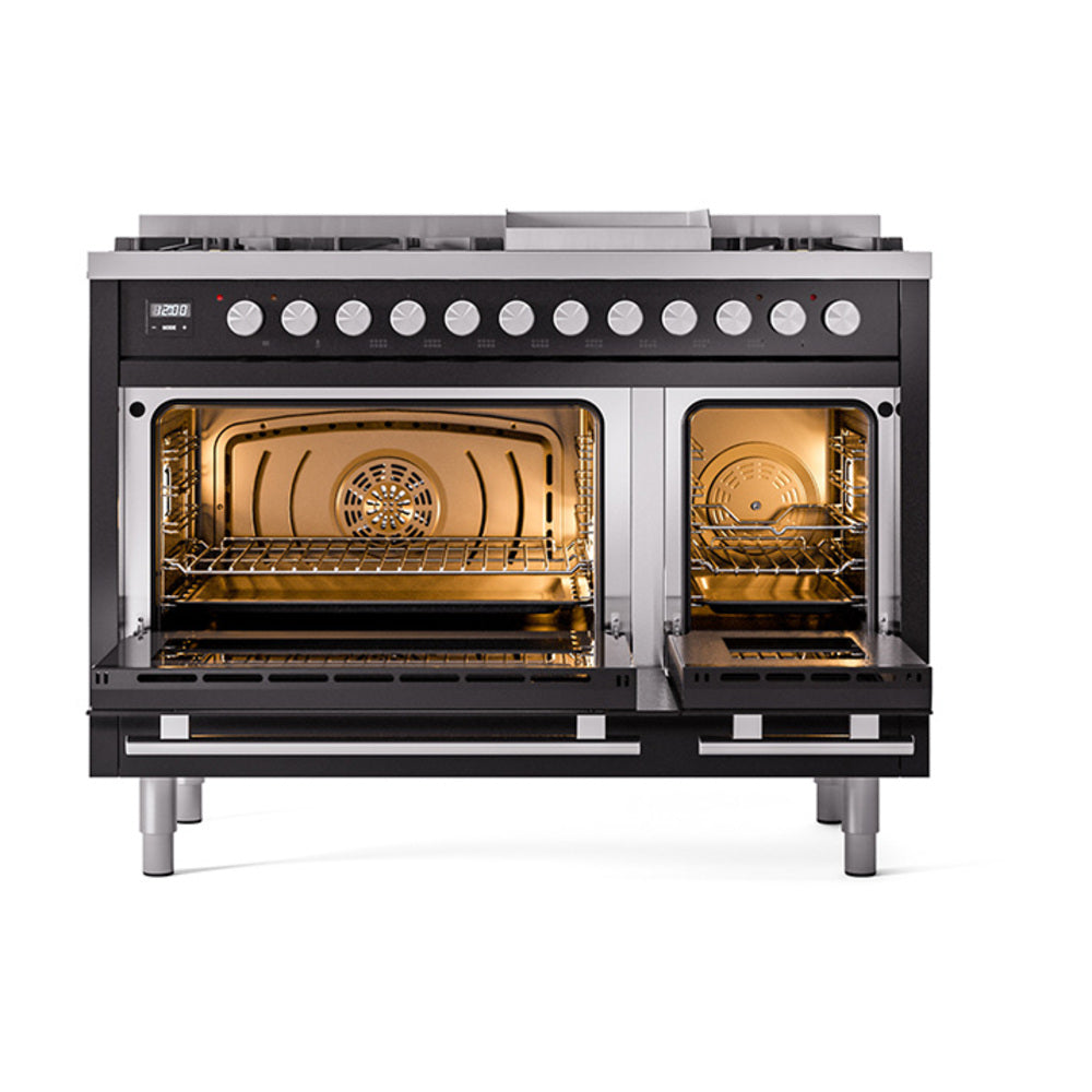ILVE Professional Plus II 48-Inch Propane Dual Fuel Range, 8 Burners, Griddle, Solid Door, Glossy Black (UP48FQMPBKLP)