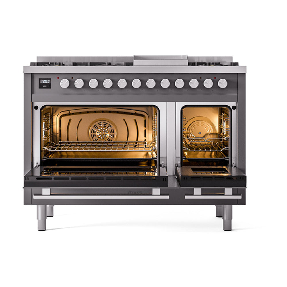 ILVE Professional Plus II 48-Inch Natural Gas Dual Fuel Range, 8 Burners, Griddle, Solid Door, Matte Graphite (UP48FQMPMG)