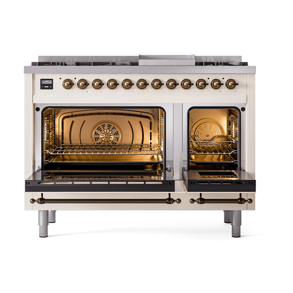 ILVE Nostalgie II 48-Inch Propane Dual Fuel Range, 8 Burners, Griddle, Solid Door, Antique White with Burnished Bronze Trim (UP48FQNMPAWBLP)