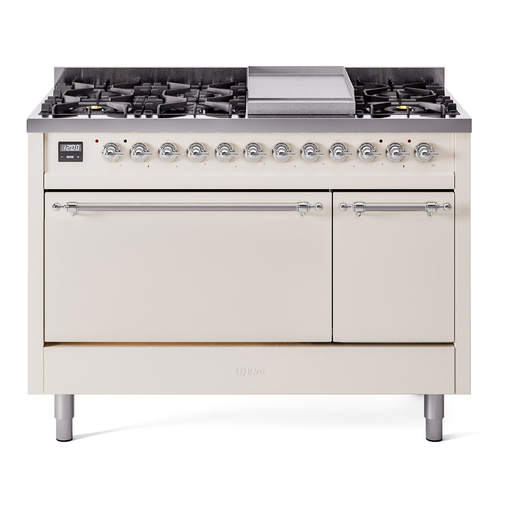 ILVE Nostalgie II 48-Inch Natural Gas Dual Fuel Range, 8 Burners, Griddle, Solid Door, Antique White with Chrome Trim (UP48FQNMPAWC)