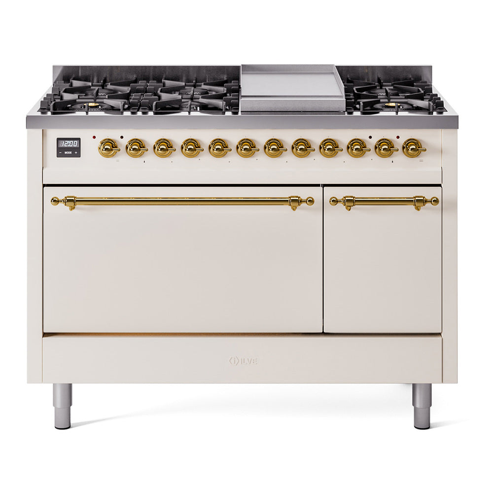ILVE Nostalgie II 48-Inch Natural Gas Dual Fuel Range, 8 Burners, Griddle, Solid Door, Antique White with Brass Trim (UP48FQNMPAWG)
