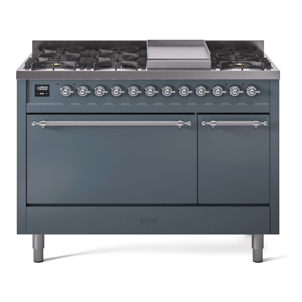 ILVE Nostalgie II 48-Inch Propane Dual Fuel Range, 8 Burners, Griddle, Solid Door, Blue Grey with Chrome Trim (UP48FQNMPBGCLP)