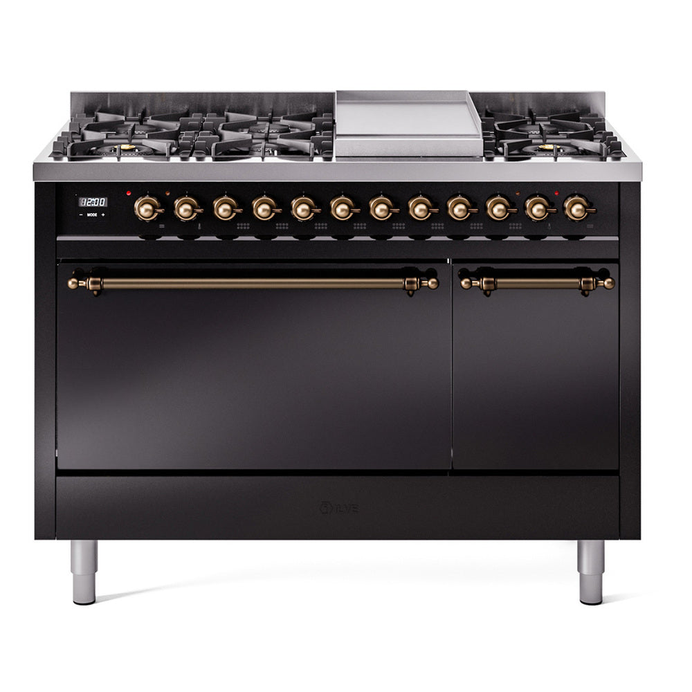 ILVE Nostalgie II 48-Inch Natural Gas Dual Fuel Range, 8 Burners, Griddle, Solid Door, Glossy Black with Burnished Bronze Trim (UP48FQNMPBKB)