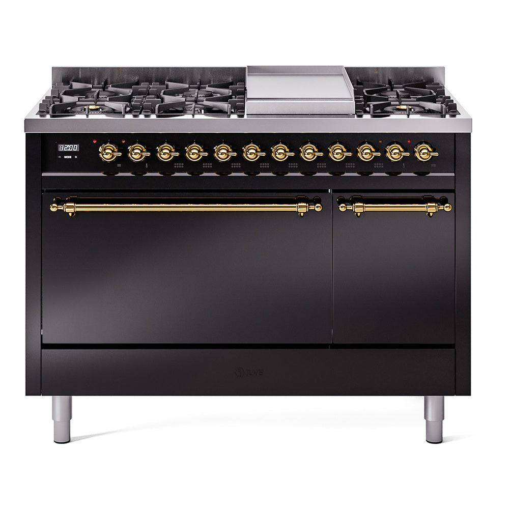 ILVE Nostalgie II 48-Inch Natural Gas Dual Fuel Range, 8 Burners, Griddle, Solid Door, Glossy Black with Brass Trim (UP48FQNMPBKG)