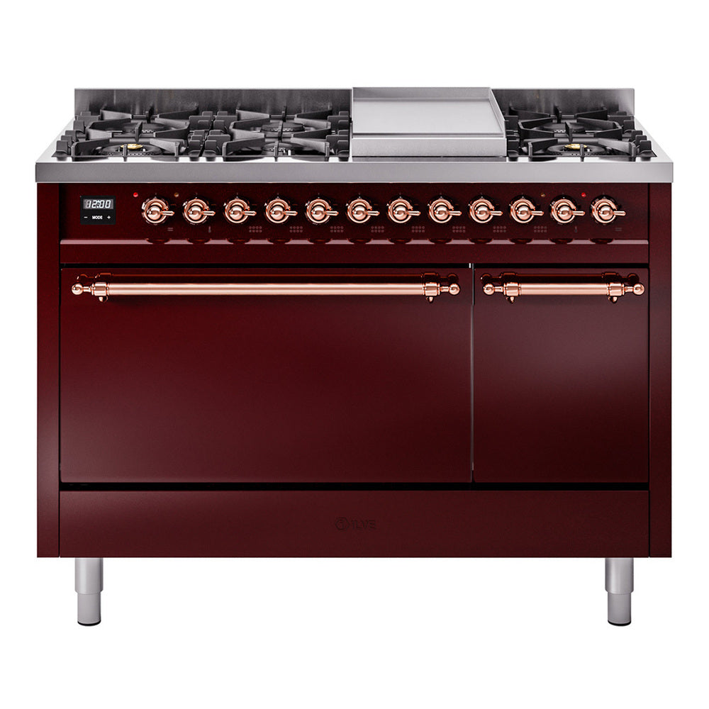 ILVE Nostalgie II 48-Inch Propane Dual Fuel Range, 8 Burners, Griddle, Solid Door, Burgundy with Copper Trim (UP48FQNMPBUPLP)