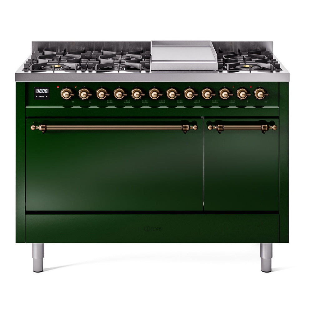 ILVE Nostalgie II 48-Inch Natural Gas Dual Fuel Range, 8 Burners, Griddle, Solid Door, Emerald Green with Burnished Bronze Trim (UP48FQNMPEGB)