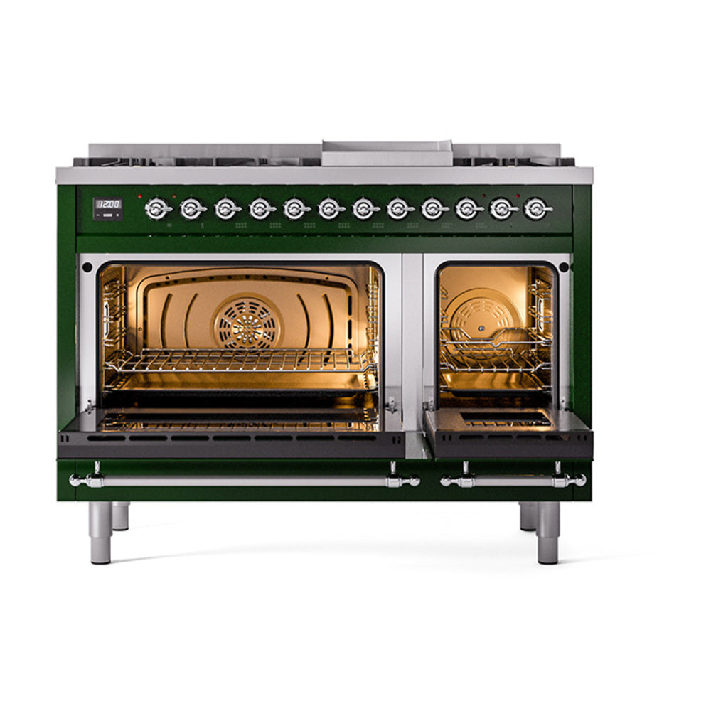 ILVE Nostalgie II 48-Inch Propane Dual Fuel Range, 8 Burners, Griddle, Solid Door, Emerald Green with Chrome Trim (UP48FQNMPEGCLP)