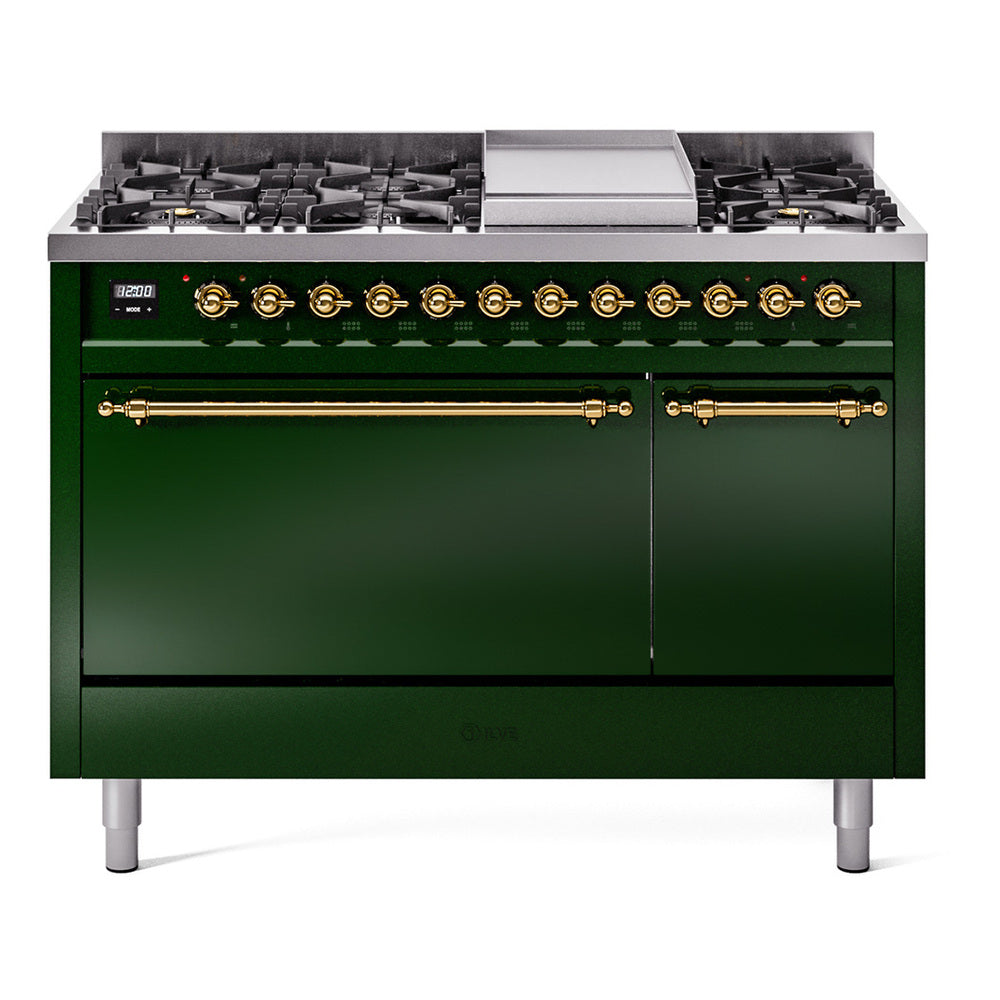 ILVE Nostalgie II 48-Inch Propane Dual Fuel Range, 8 Burners, Griddle, Solid Door, Emerald Green with Brass Trim (UP48FQNMPEGGLP)