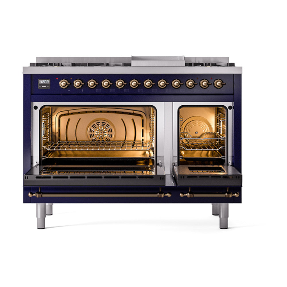 ILVE Nostalgie II 48-Inch Propane Dual Fuel Range, 8 Burners, Griddle, Solid Door, Midnight Blue with Burnished Bronze Trim (UP48FQNMPMBBLP)