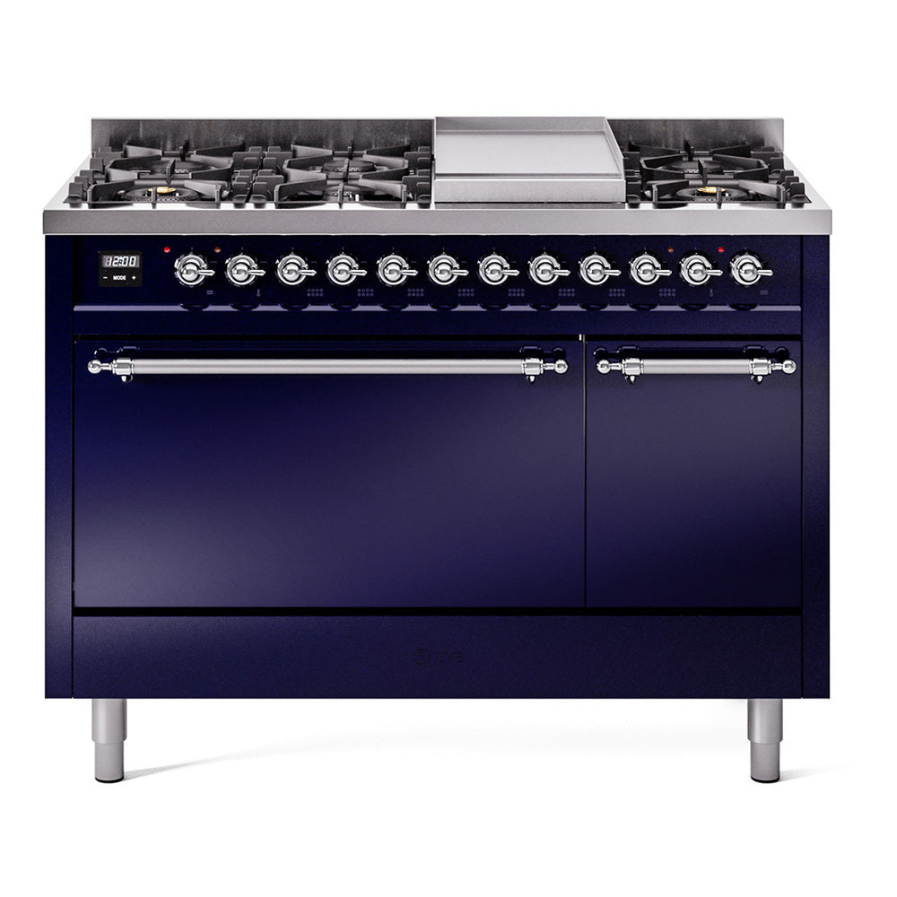 ILVE Nostalgie II 48-Inch Natural Gas Dual Fuel Range, 8 Burners, Griddle, Solid Door, Midnight Blue with Chrome Trim (UP48FQNMPMBC)