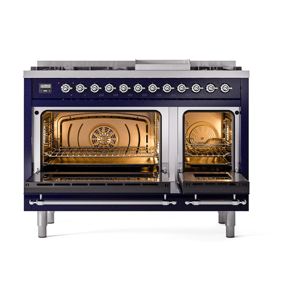 ILVE Nostalgie II 48-Inch Propane Dual Fuel Range, 8 Burners, Griddle, Solid Door, Midnight Blue with Chrome Trim (UP48FQNMPMBCLP)