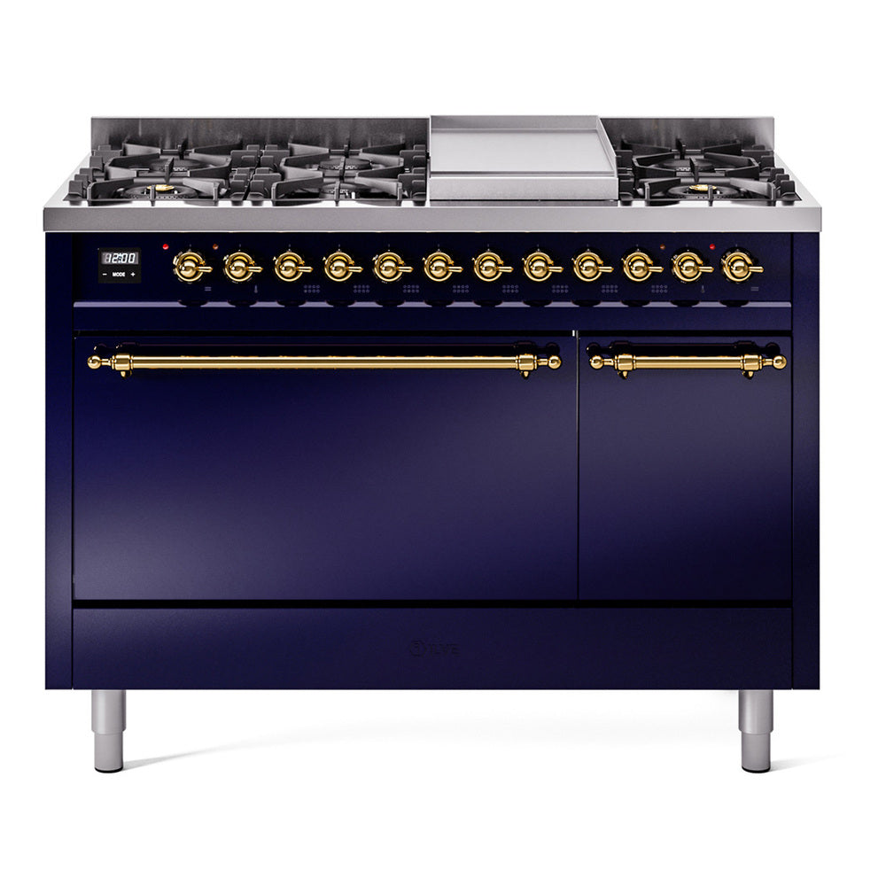 ILVE Nostalgie II 48-Inch Propane Dual Fuel Range, 8 Burners, Griddle, Solid Door, Midnight Blue with Brass Trim (UP48FQNMPMBGLP)