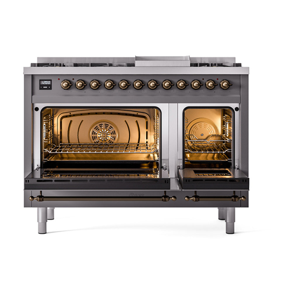 ILVE Nostalgie II 48-Inch Natural Gas Dual Fuel Range, 8 Burners, Griddle, Solid Door, Matte Graphite with Burnished Bronze Trim (UP48FQNMPMGB)