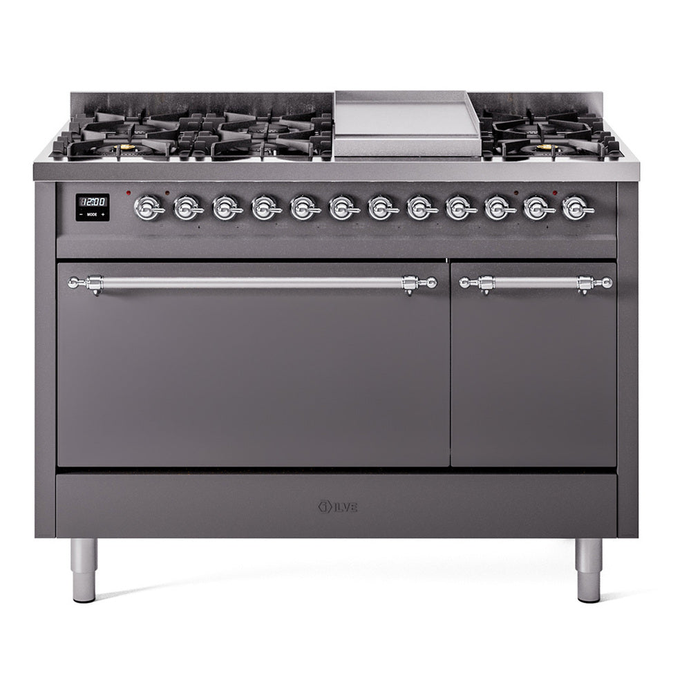 ILVE Nostalgie II 48-Inch Propane Dual Fuel Range, 8 Burners, Griddle, Solid Door, Matte Graphite with Chrome Trim (UP48FQNMPMGCLP)