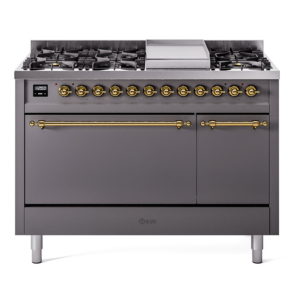 ILVE Nostalgie II 48-Inch Propane Dual Fuel Range, 8 Burners, Griddle, Solid Door, Matte Graphite with Brass Trim (UP48FQNMPMGGLP)