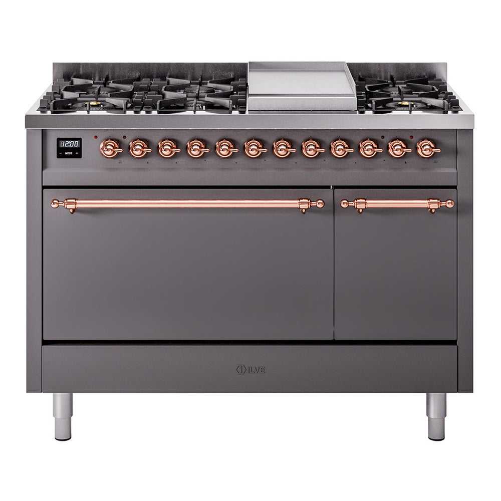 ILVE Nostalgie II 48-Inch Propane Dual Fuel Range, 8 Burners, Griddle, Solid Door, Matte Graphite with Copper Trim (UP48FQNMPMGPLP)