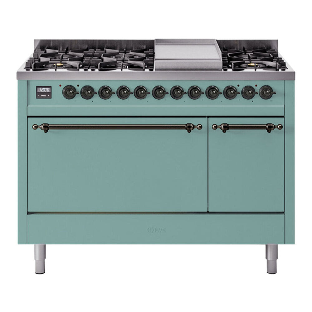 ILVE Nostalgie II 48-Inch Natural Gas Dual Fuel Range, 8 Burners, Griddle, Solid Door, Mediterranean Mint with Burnished Bronze Trim (UP48FQNMPMMB)