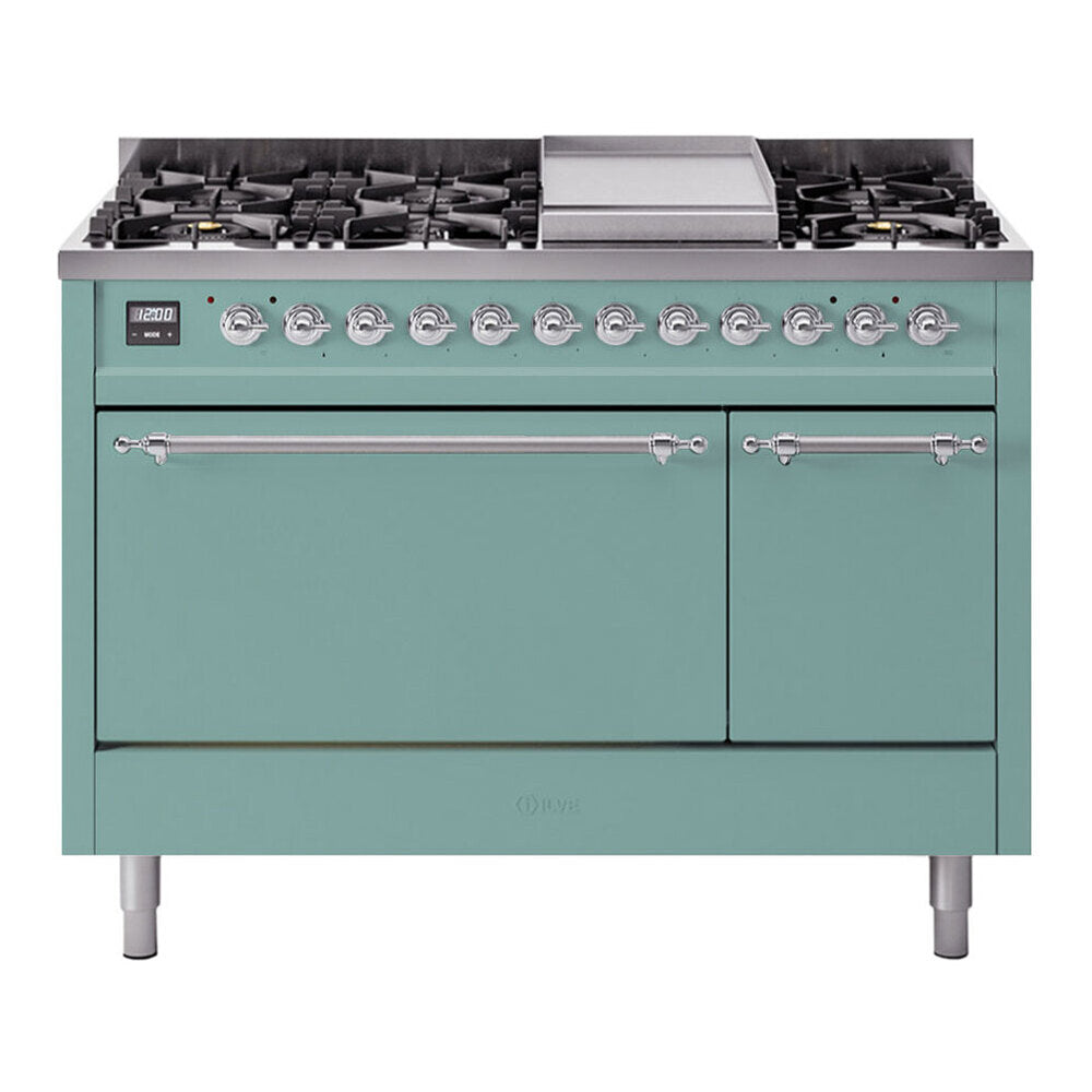 ILVE Nostalgie II 48-Inch Propane Dual Fuel Range, 8 Burners, Griddle, Solid Door, Mediterranean Mint with Chrome Trim (UP48FQNMPMMCLP)