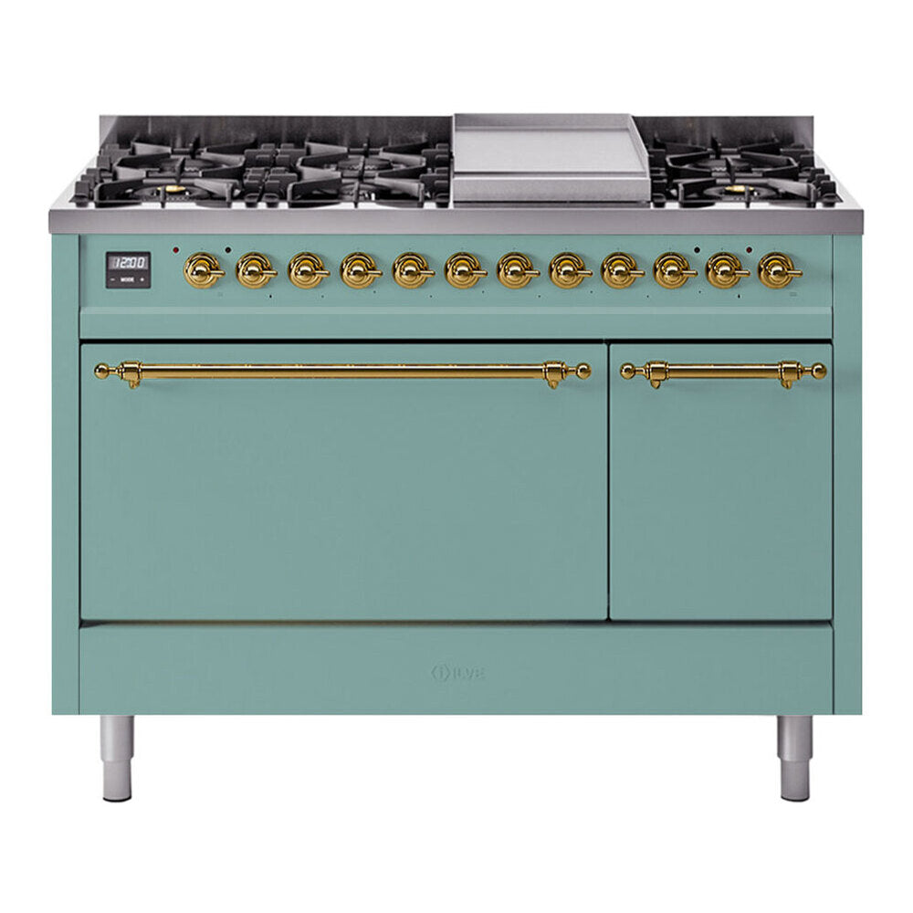 ILVE Nostalgie II 48-Inch Propane Dual Fuel Range, 8 Burners, Griddle, Solid Door, Mediterranean Mint with Brass Trim (UP48FQNMPMMGLP)