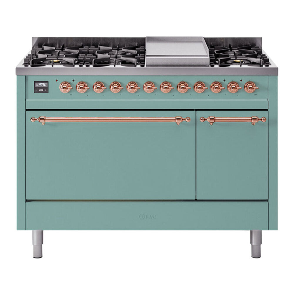 ILVE Nostalgie II 48-Inch Propane Dual Fuel Range, 8 Burners, Griddle, Solid Door, Mediterranean Mint with Copper Trim (UP48FQNMPMMPLP)