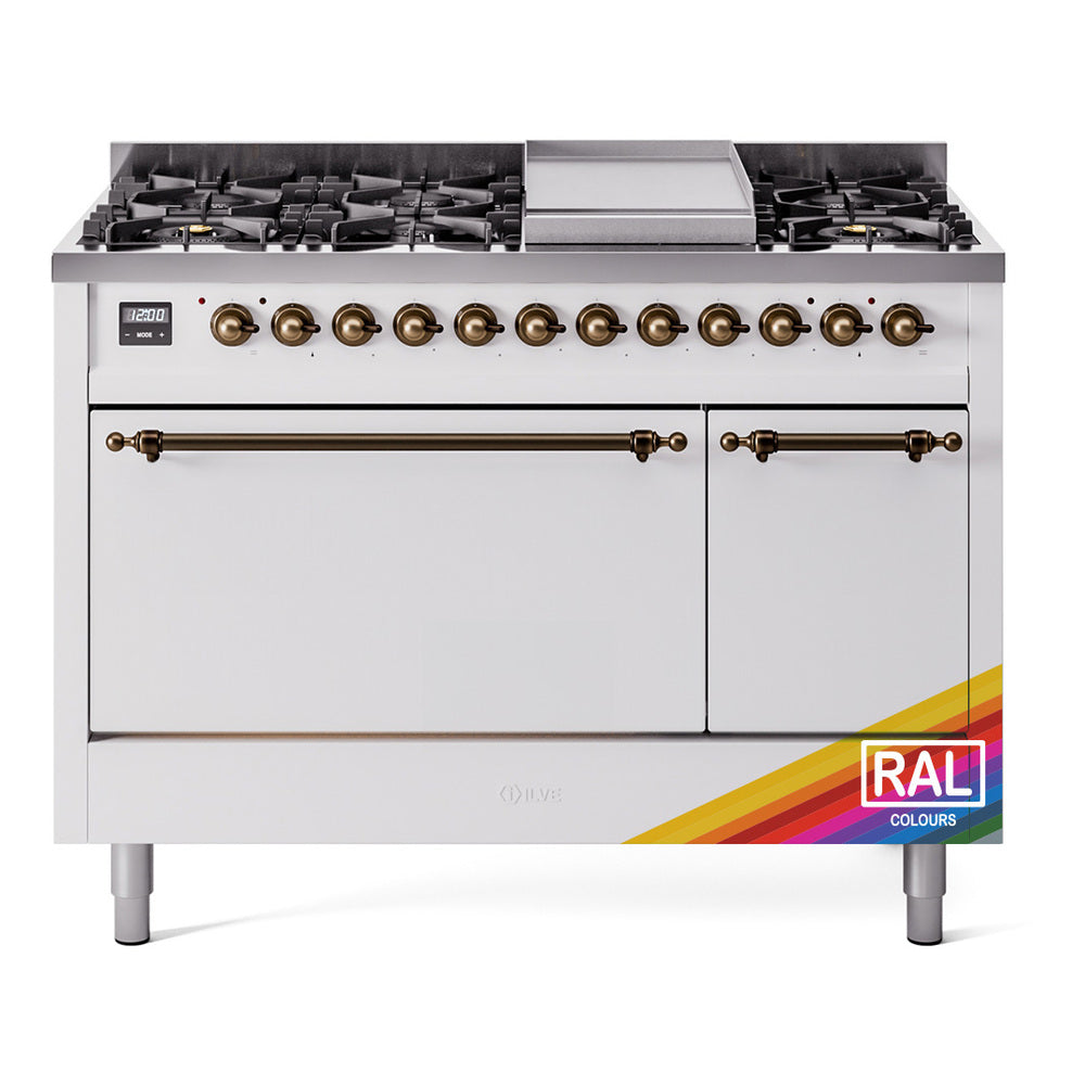 ILVE Nostalgie II 48-Inch Natural Gas Dual Fuel Range, 8 Burners, Griddle, Solid Door, Custom RAL with Burnished Bronze Trim (UP48FQNMPRAB)