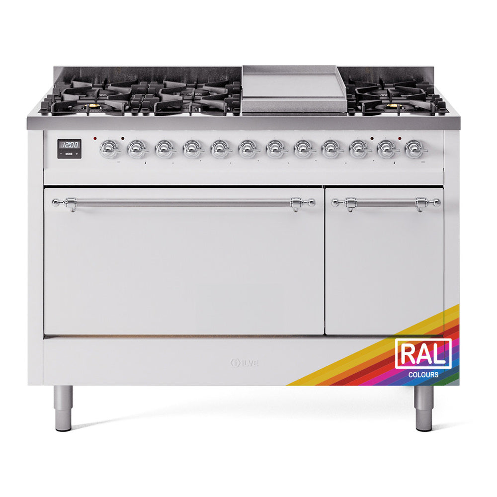 ILVE Nostalgie II 48-Inch Propane Dual Fuel Range, 8 Burners, Griddle, Solid Door, Custom RAL with Chrome Trim (UP48FQNMPRACLP)
