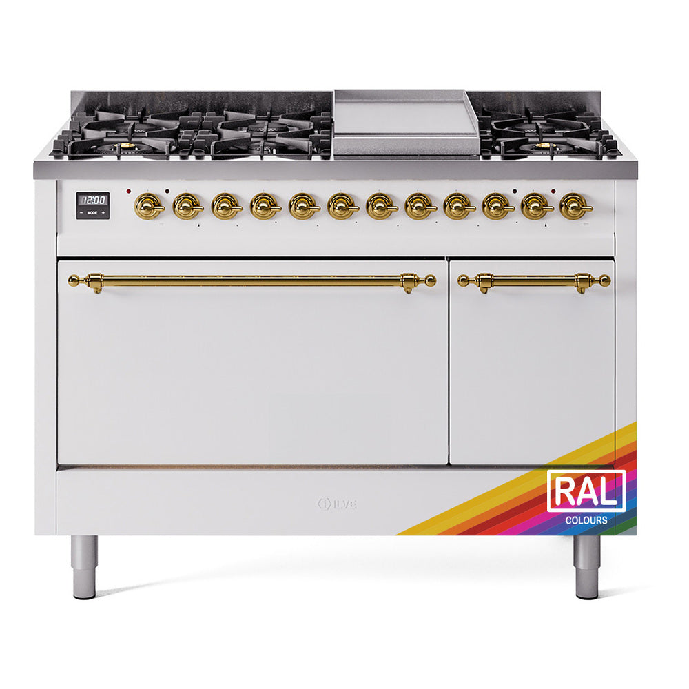 ILVE Nostalgie II 48-Inch Natural Gas Dual Fuel Range, 8 Burners, Griddle, Solid Door, Custom RAL with Brass Trim (UP48FQNMPRAG)