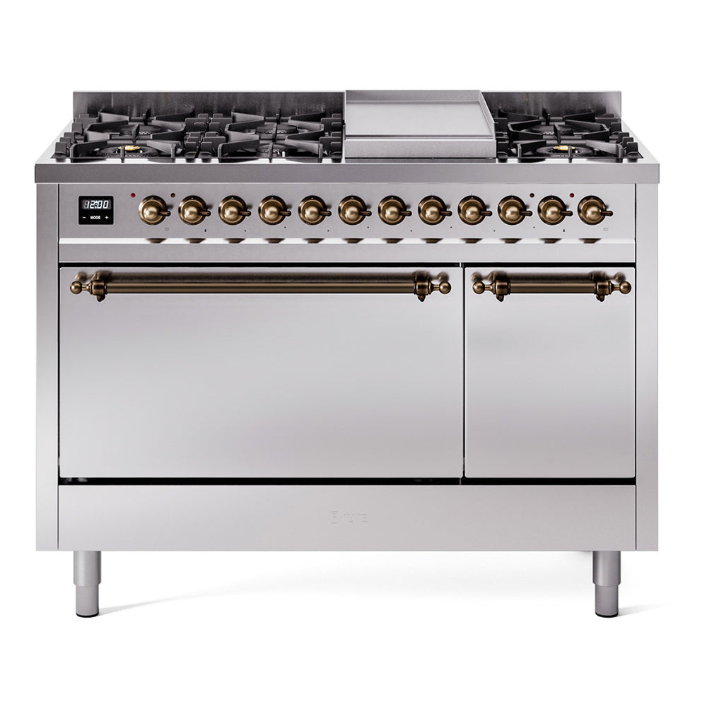 ILVE Nostalgie II 48-Inch Natural Gas Dual Fuel Range, 8 Burners, Griddle, Solid Door, Stainless Steel with Burnished Bronze Trim (UP48FQNMPSSB)